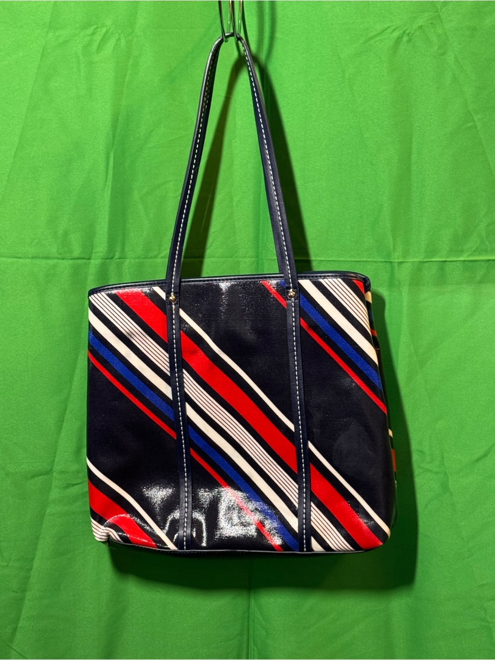 Tommy Hilfiger Navy Patent Shoulder Tote with Red, White & Blue Stripes